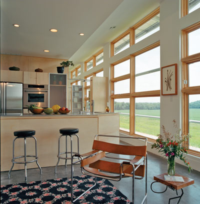 The kitchen, which opens up to the living room, is detailed with birch Ikea cabinets, handmade concrete countertops, and stainless-steel appliances.
